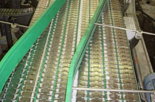 2. Scharnierbandförderer für Flaschen und Dosen